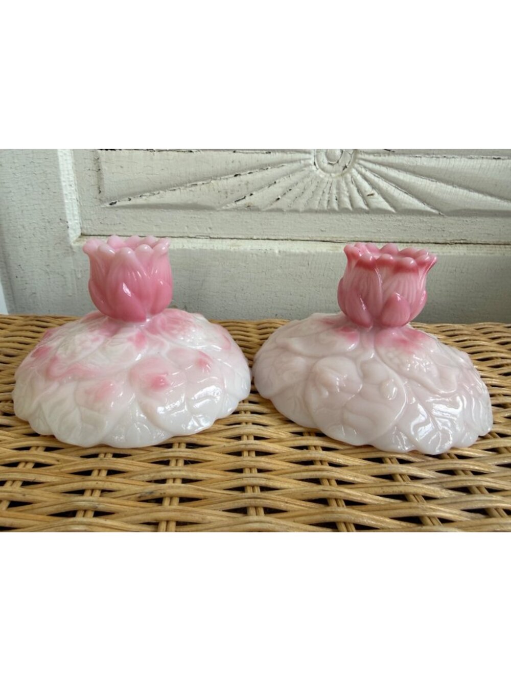 Vintage 60s Fenton Rosalene Pink Water Lily candle holders - Picture 3 of 9